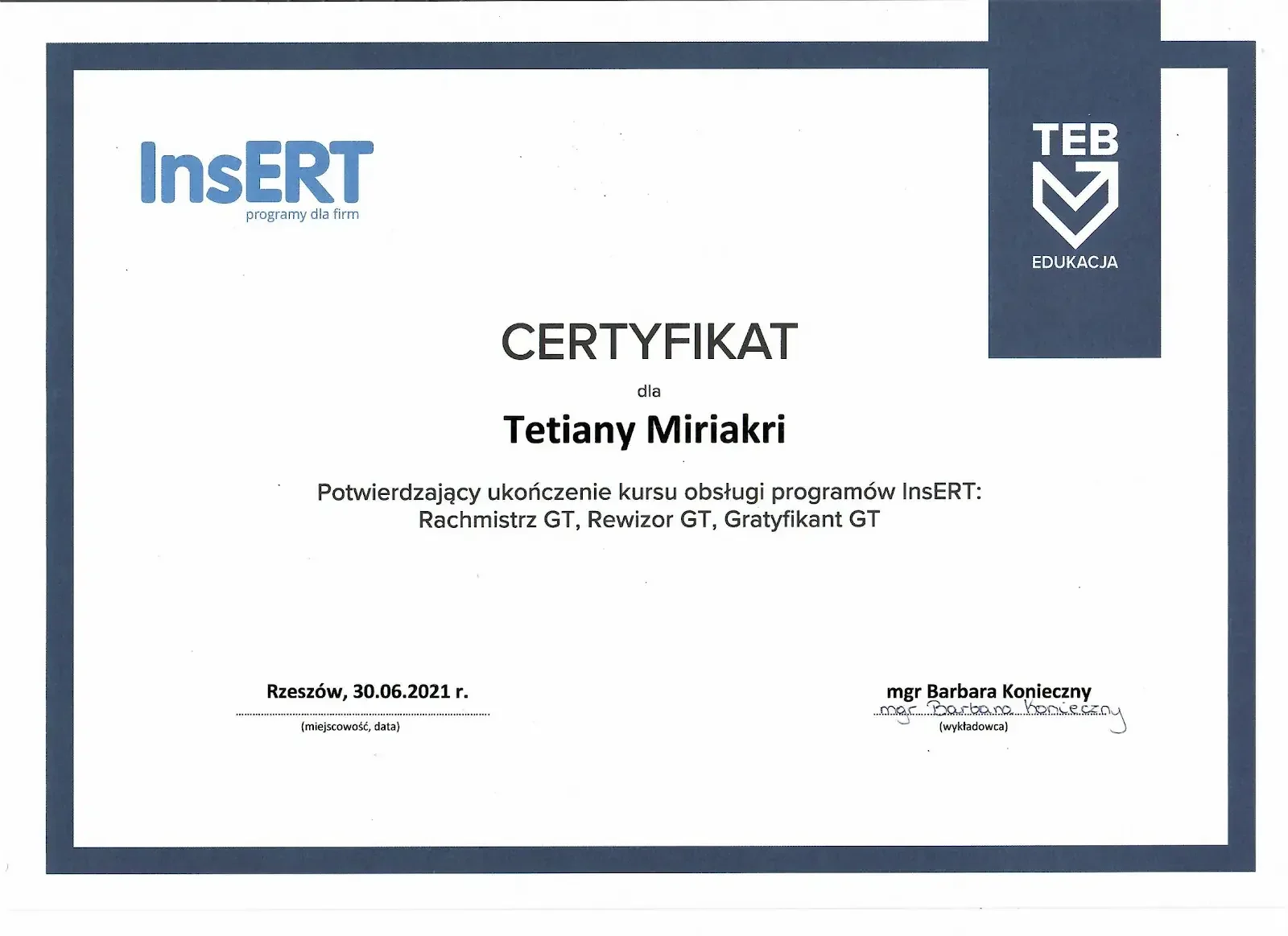 Certyfikat InsERT — Ewidencja Biznesu